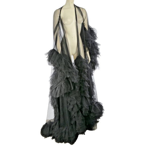 Black Sheer Tulle Puffy Robe Gown Dramatic Layered Boudoir Photoshoot Dress S - Picture 5 of 16